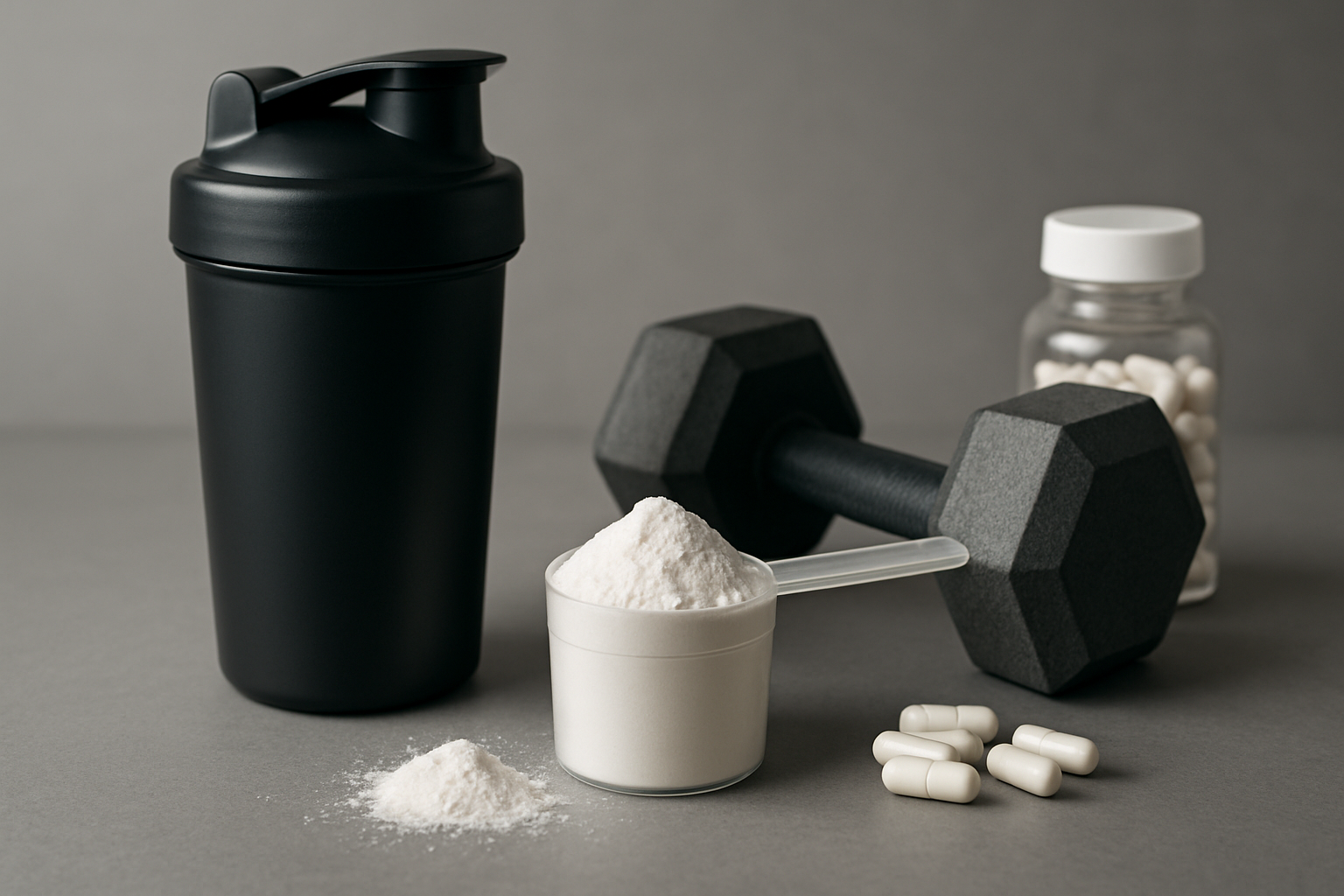 Beta-Alanin Pulver mit molekularer Struktur-Darstellung und Trainingsausrüstung