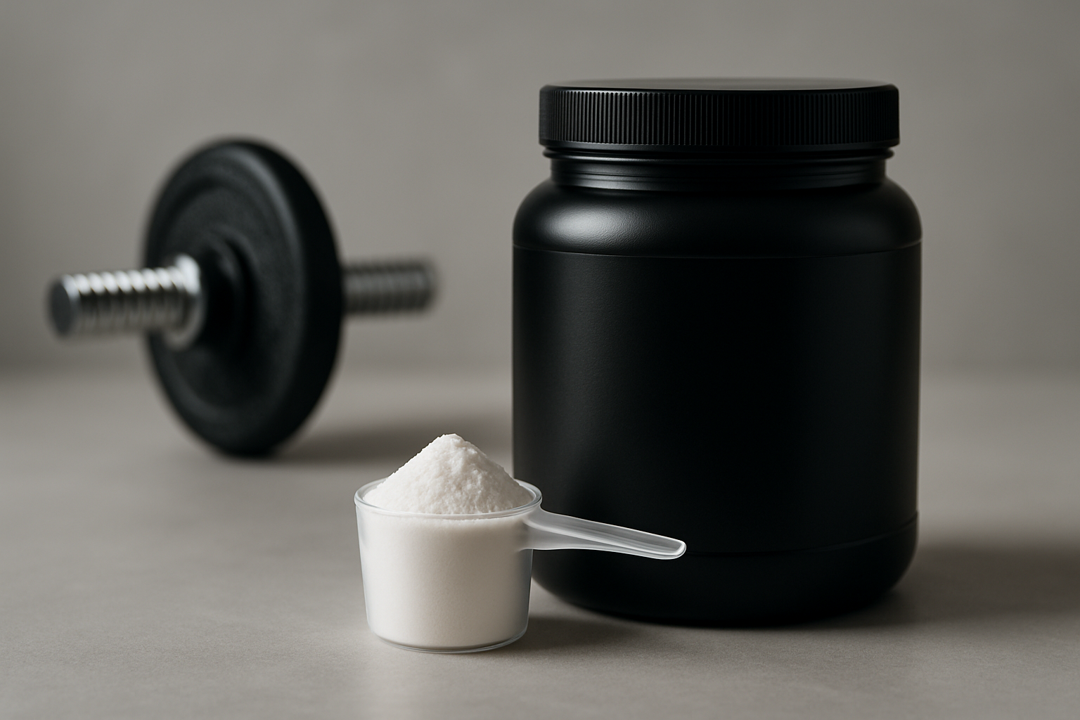 Creatin Monohydrat Pulver mit molekularer Struktur und Hantel im Hintergrund