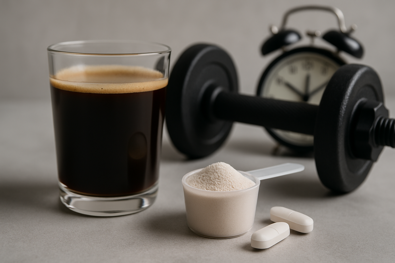 Koffein-Molekülstruktur mit Pre-Workout Shaker und Trainingsausrüstung im Hintergrund