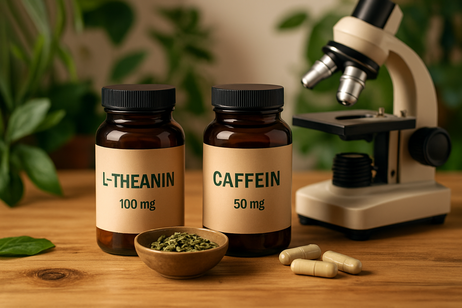 L-Theanin Pulver neben grünem Tee und Pre-Workout Shaker, symbolisiert mentale Klarheit und Fokus