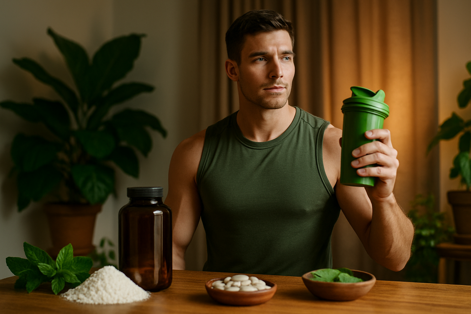 Stim-Free Pre-Workout Shaker vor Abendhimmel mit Trainingsausrüstung und entspannten Schlaf-Symbolen