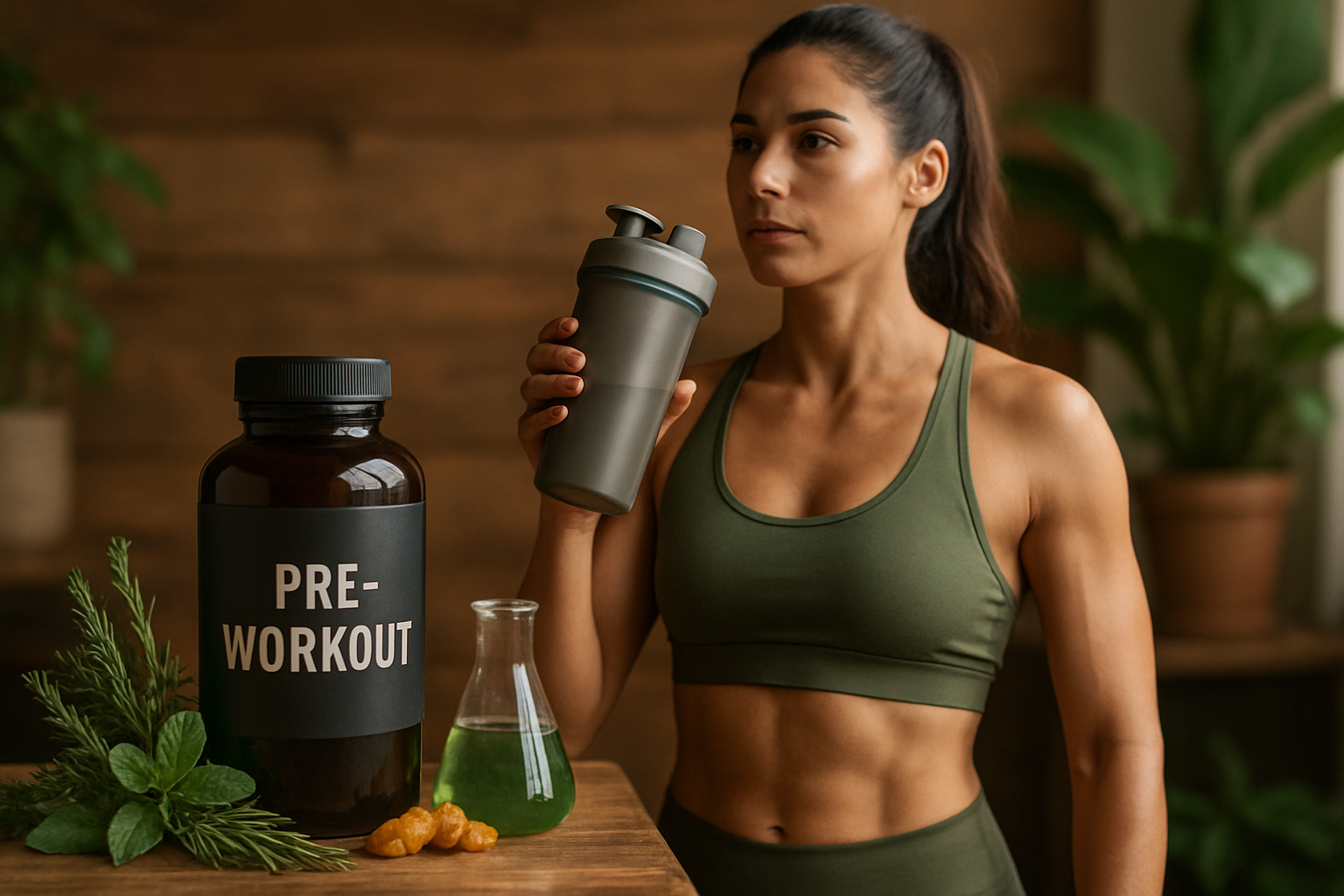 Pre-Workout Booster Pulver neben Hantel und Maßband für Gewichtsverlust