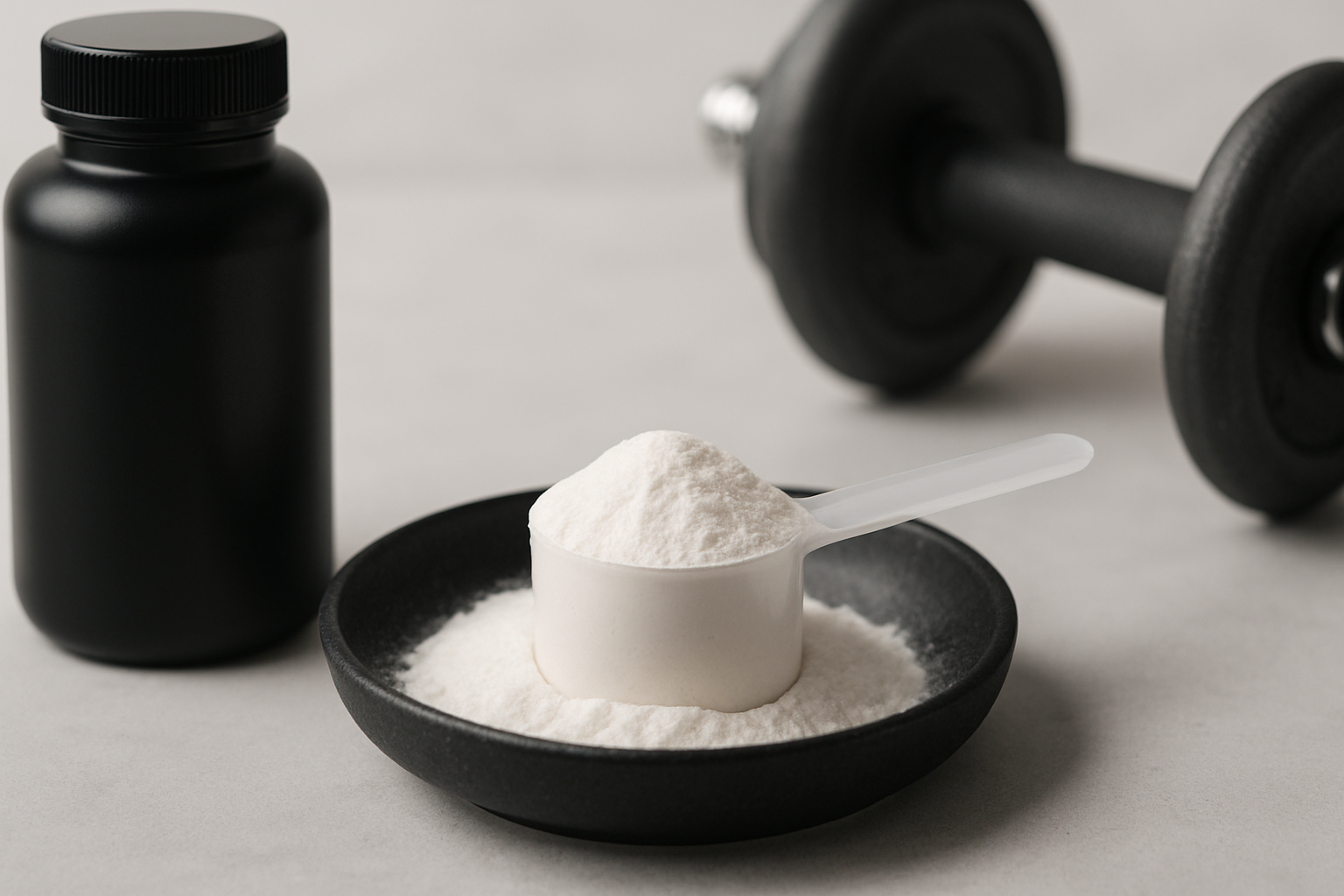 Pre-Workout Booster Pulver in Shaker mit Trainingsgeräten im Hintergrund