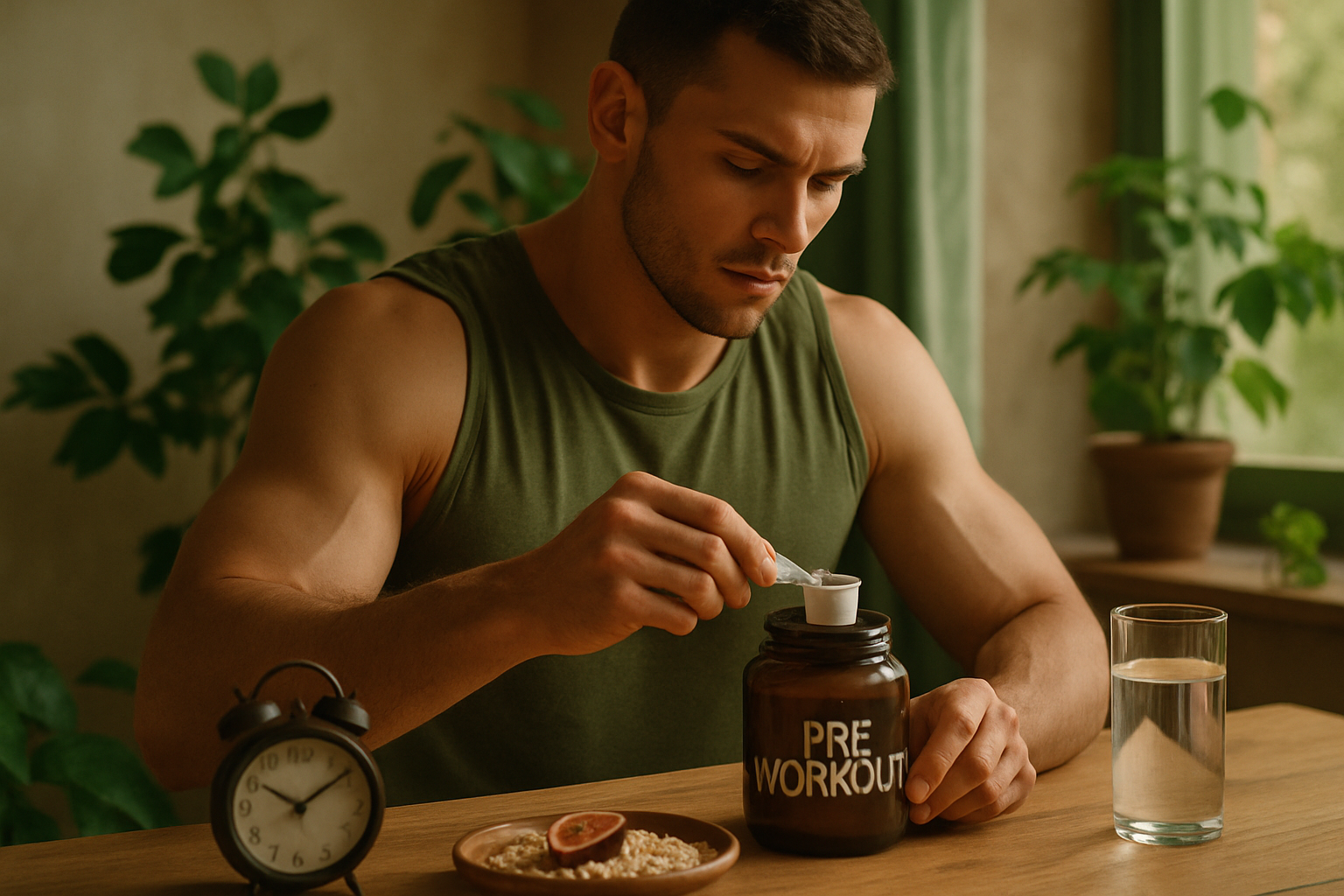 Sportler mischt Pre-Workout Pulver in Shaker mit Uhr und Trainingsequipment im Hintergrund