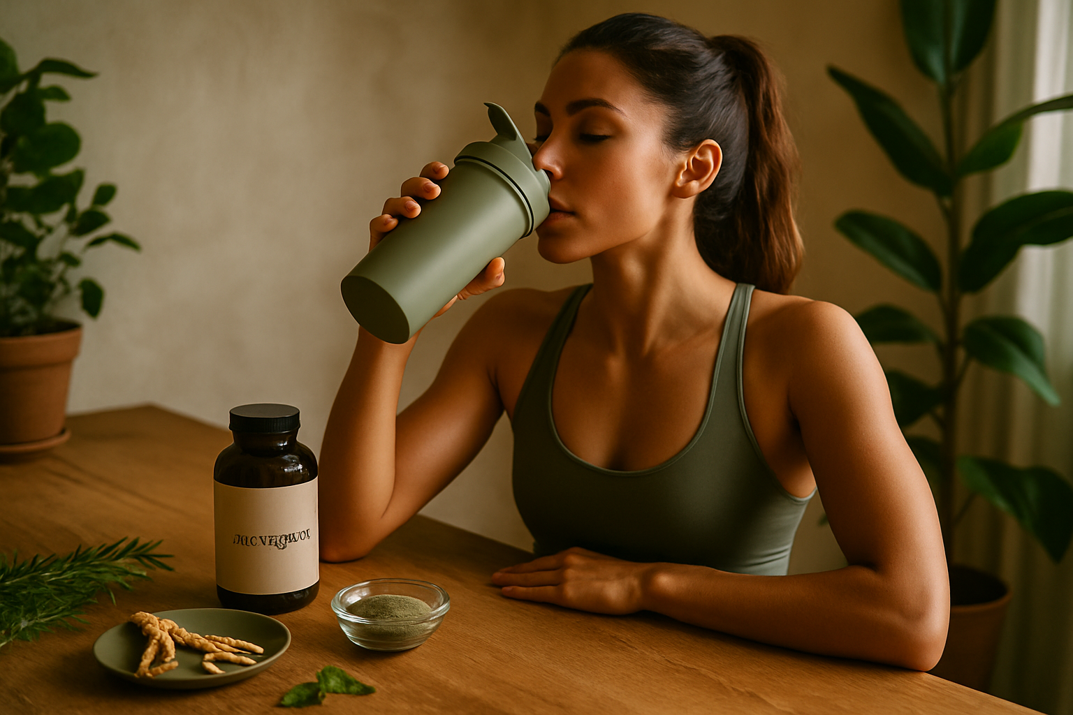 Sportliche Frau beim Krafttraining mit Pre-Workout Shaker im Fitnessstudio