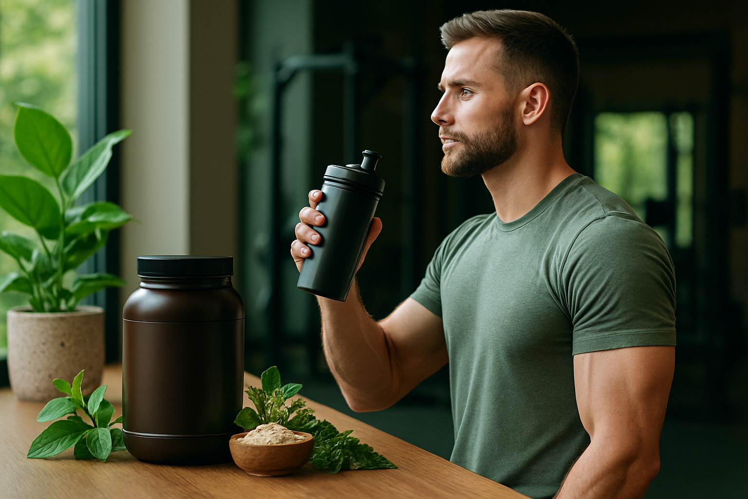Muskulöser Athlet mit Pre-Workout Shaker beim Krafttraining für Muskelaufbau