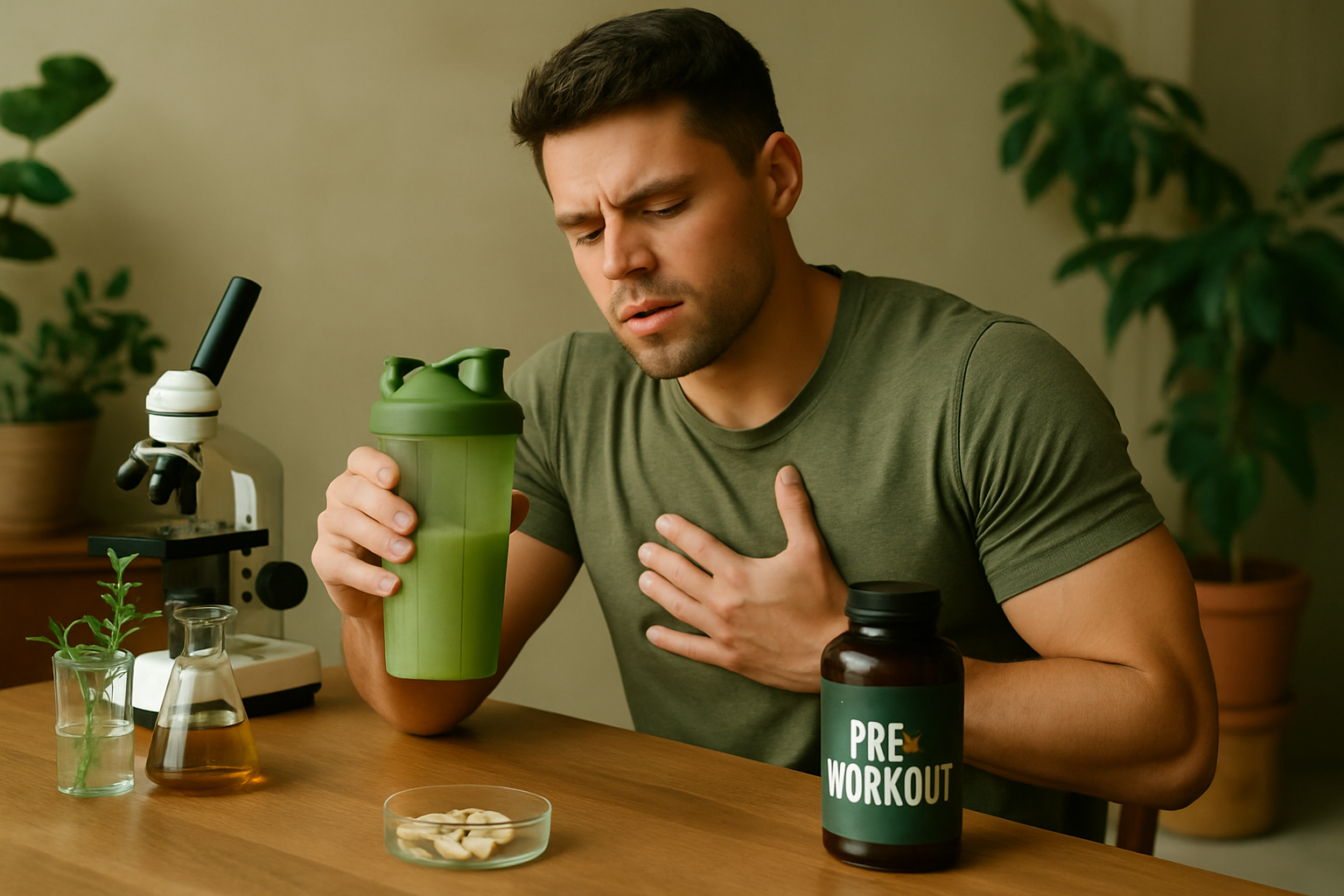 Sportler mit Pre-Workout Shaker prüft Inhaltsstoffe auf Nebenwirkungen