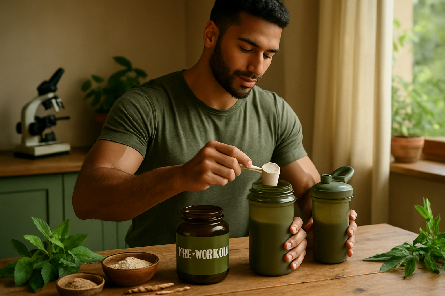 Verschiedene Pre-Workout Wirkstoffe in Pulverform mit Messlöffel und Shaker auf weißem Hintergrund