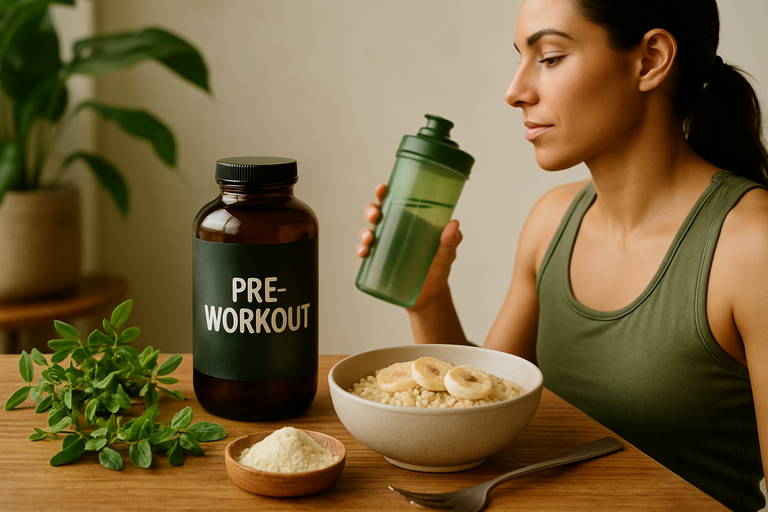 Sportler mit Pre-Workout Shaker und gesunder Mahlzeit auf Küchentisch beim Timing-Check