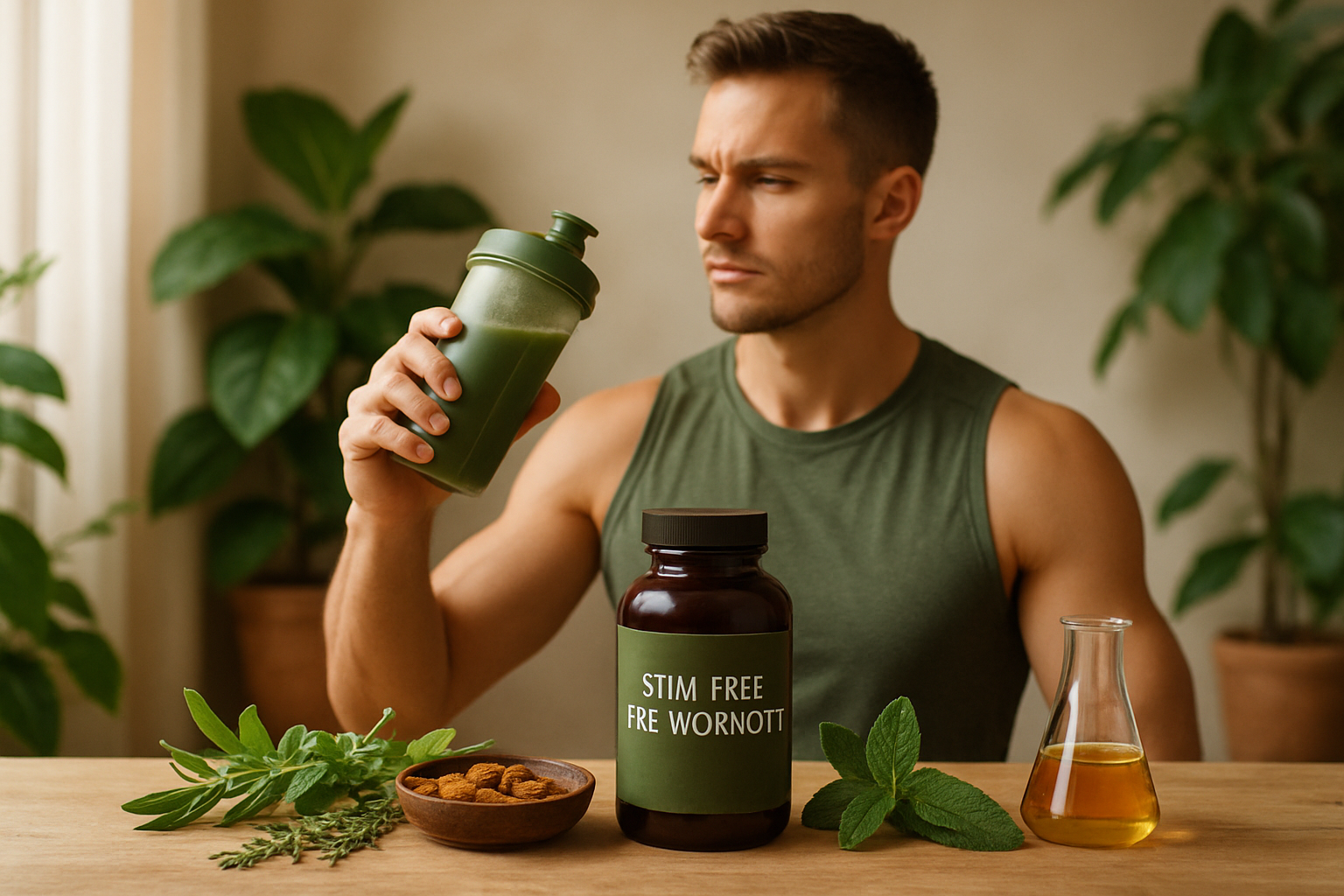Stim-Free Pre-Workout Pulver ohne Koffein neben Shaker für Training am Abend